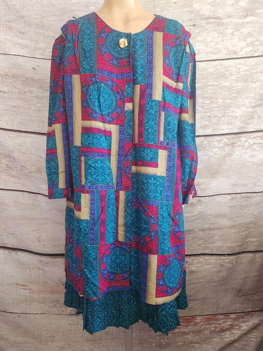 Vintage Mosaic Print Tunic Dress in Teal and Magenta